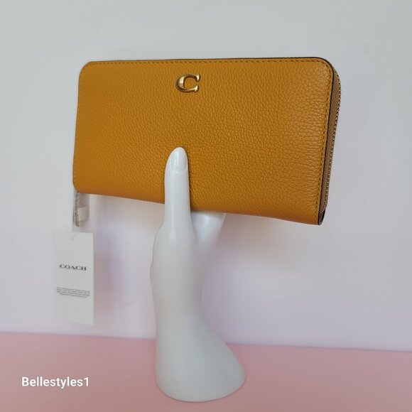COACH Pebble Leather Zip-Around Accordion Wallet with Back-Slip Pocket-Buttercup - Picture 3 of 16